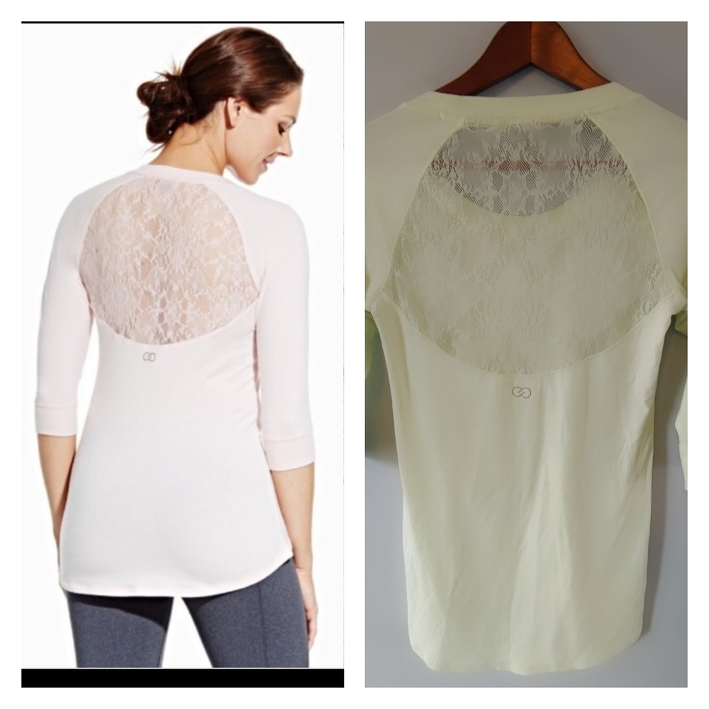 Calia Lace Back Lime Green 3/4 Sleeve Top.